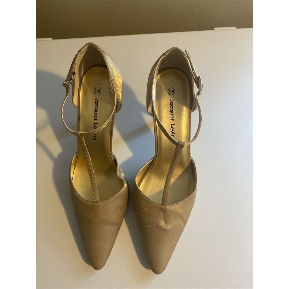 VTG JACQUES LEVINE COUTURE Gold Satin Slingback Pointed Toe Heels sz 9.5M
